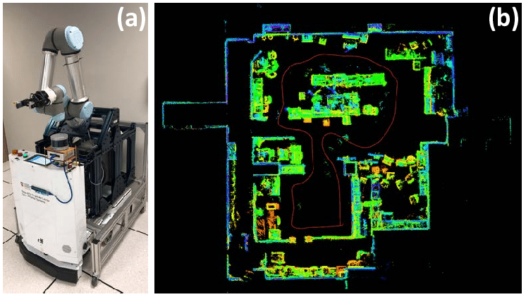 A warehouse scene showing AGVs and robotic arms working alongside depth mapping technology to optimize operations. estimating object volume in warehouses