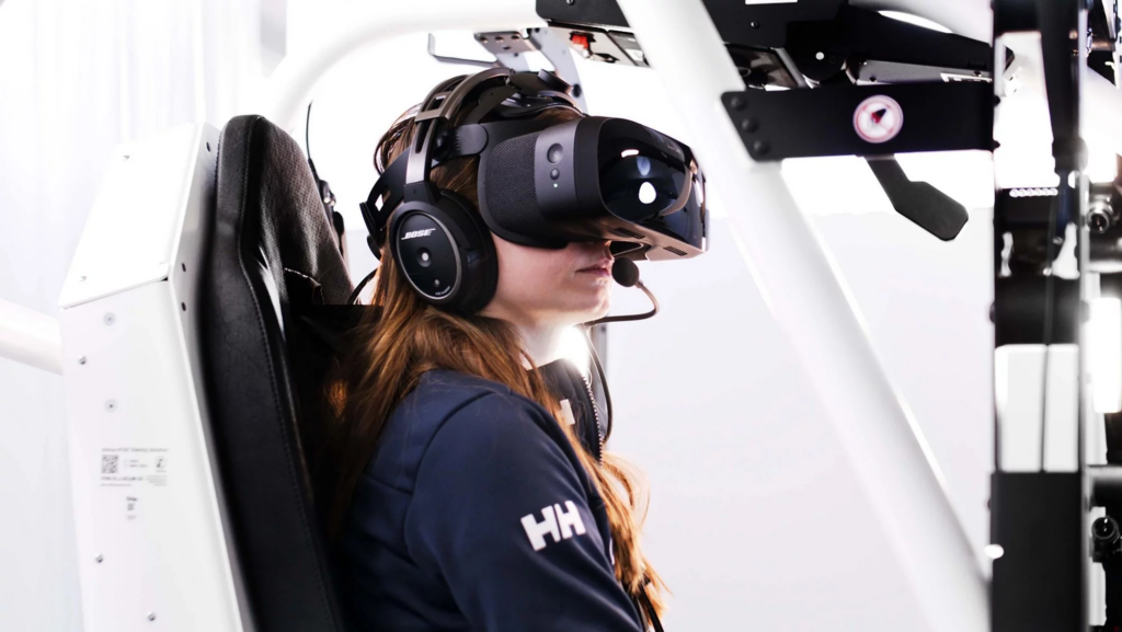 A VR headset displaying a training simulation environment, a cockpit for pilot training.